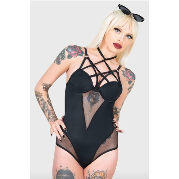 Killstar ✦ Sacred Ocean Swimsuit M ✦ Pentagram Fishnet Choker Gothic One-Piece - Picture 1 of 6